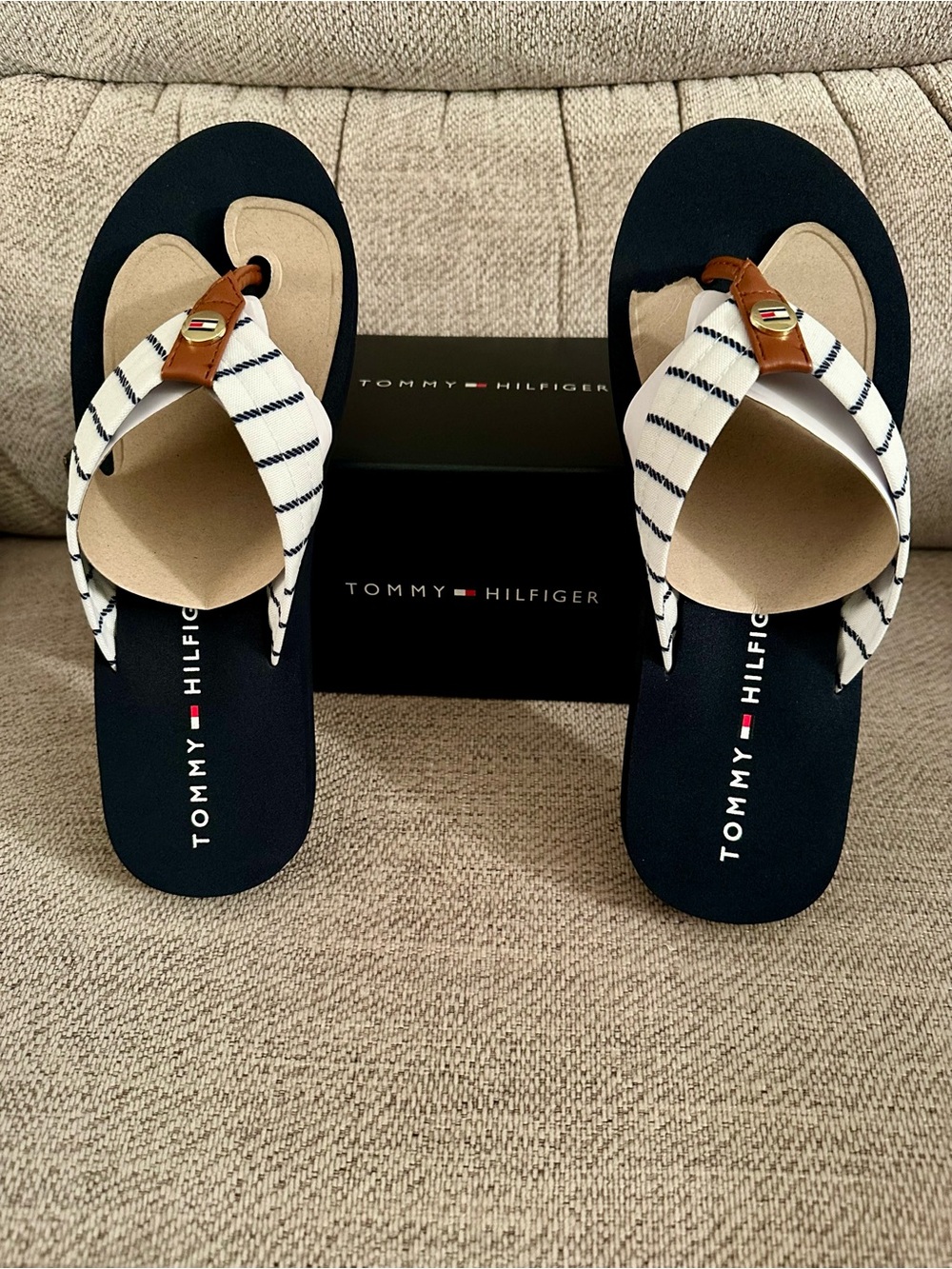 Tommy Hilfiger Ivory & Navy Striped Thong Sandals